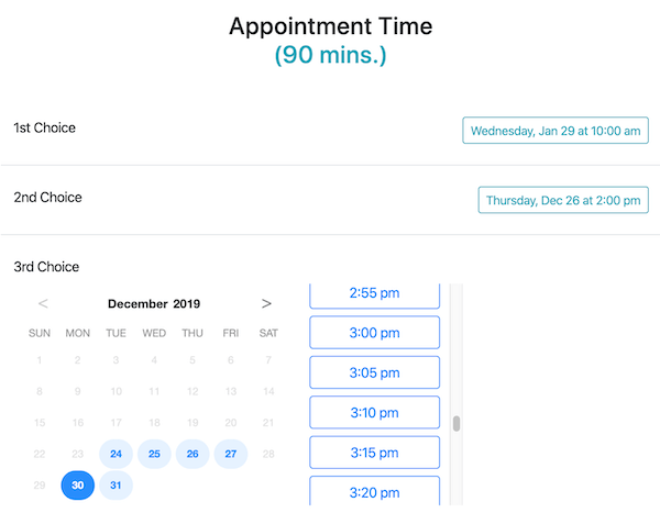 Online booking form for client appointments