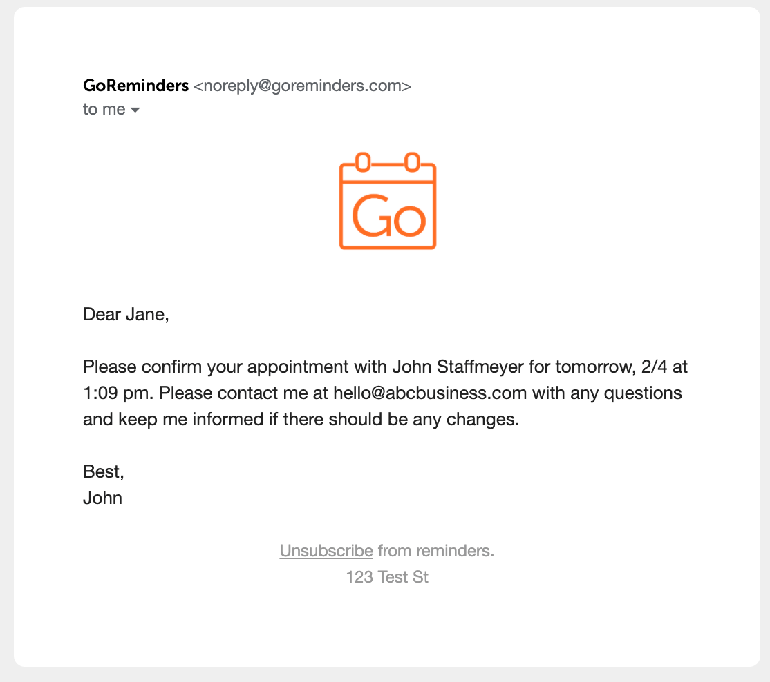 GoReminders email reminder template