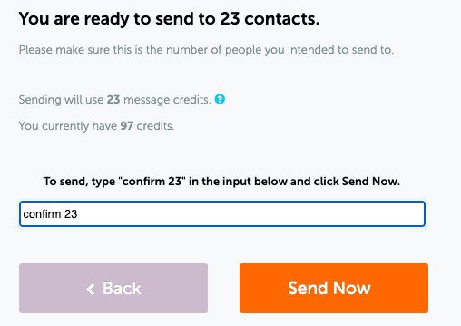 text blast app confirmation screen to send blast to multiple contacts